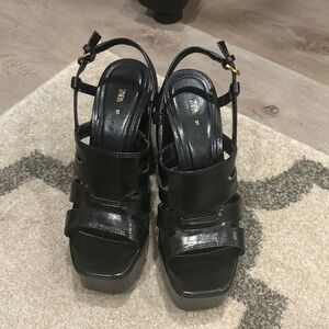 Zara Black Patent Leather Platform Slingback Heels